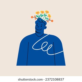 Creative happy male heads with flowers inside. Mental health, happiness, harmony. Colorful vector illustration
