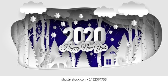 Creative Happy Merry Christmas and New Year 2019 / 2020 design. Winter forest. Happy new year 2020 paper art and craft style. 