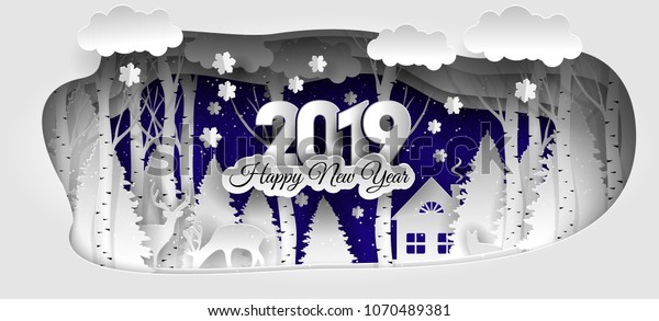 Creative Happy Merry Christmas and New Year 2019/2020 design. Winter forest. Happy new year 2019 paper art and craft style. (new version 2020, see my porfolio.)