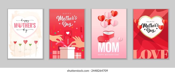 Creative Happy Mothers Day greeting cards set. I love you MOM, banners or posters template design. Vector illustration