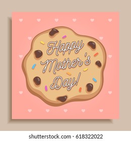 Creative Happy Mother's Day greeting card. Celebration message written on chocolate chips cookie. Fresh baked yummy concept. Vector illustration isolated on heart pattern sprinkles background. 