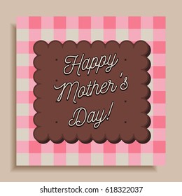 Creative Happy Mother's Day greeting card/poster design template. Celebration message written on biscuit/cracker. Isolated on white and pink gingham plaid checkered tablecloth background.