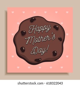 Creative Happy Mother's Day greeting card. Celebration message written on chocolate chips cookie. Fresh baked yummy concept. Vector illustration isolated on heart pattern background. 