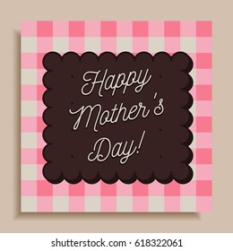 Creative Happy Mother's Day greeting card/poster design template. Celebration message written on biscuit/cracker. Isolated on white and pink gingham plaid checkered tablecloth background.