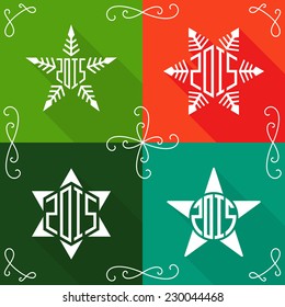Creative happy new year 2015 greeting cards. Flat design with lineart vignettes, snowflakes, stars and monograms elements.