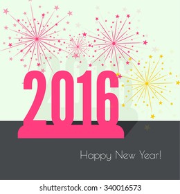creative happy new year 2016 with bursts of multicolored fireworks. Flat design with shadow.
