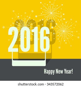 creative happy new year 2016 with bursts of multicolored fireworks. Flat design with shadow.
