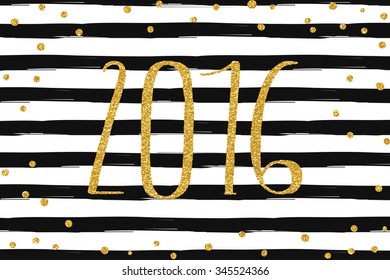 Creative happy new year 2016 text design. Gold glitter confetti on striped background. Vector illustration.