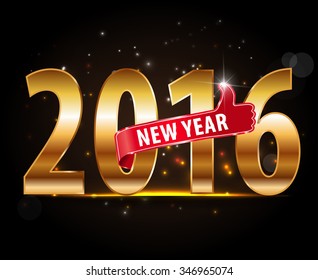 Creative happy new year 2016 design with golden typography and thumbs up. Vector illustration.