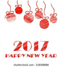  Creative happy new year 2017 text design with christmas ball. Happy new year hand drawn text design. Vector illustration.