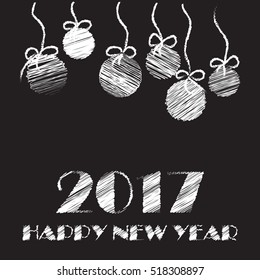 Creative happy new year 2017 text design with christmas ball. Happy new year hand drawn text design. Vector illustration.
