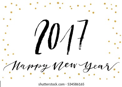 Creative happy new year 2017 text design. Gold glitter confetti on striped background. Hand written lettering. Vector illustration.