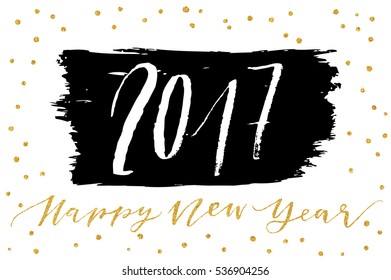 Creative happy new year 2017 text design. Gold glitter confetti on textured background. Hand written lettering. Vector illustration.