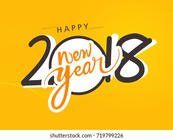 Creative Happy New Year 2018 hand-lettering text on shiny yellow background with numbers . Handmade vector calligraphy collection banner, header , greeting card template