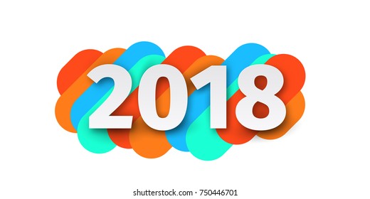 Creative Happy New Year 2018 card design on a modern background of color strips at a 45 degree angle. Vector illustration
