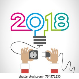 Creative happy new year 2018 design. New Year background.  Hands of a man with an electric plug and socket, an abstract light bulb with digits. The file is saved in the version 10 EPS.