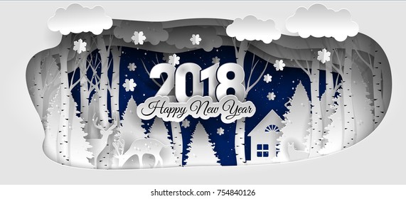 Creative Happy New Year 2018 Design. Winter Forest. Happy New Year 2018 Paper Art And Craft Style. 