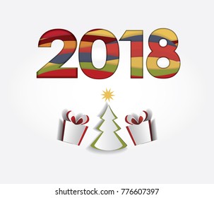 Creative happy new year 2018 design card in paper style. Winter holiday numbers and cutout paper tree and gift boxes . Paper cut multi color layers. Vector illustration. Festive stickers.
