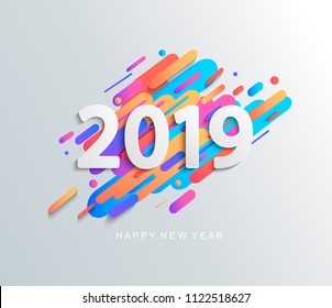 Creative happy new year 2019 card on modern motion background. Vector illustration. Perfect for presentations, flyers and banners, leaflets, postcards and posters. EPS10