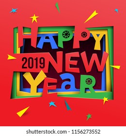 Creative happy new year 2019 design. Happy new year 2019 paper art and craft style. Vector illustration. Isolated on white background.