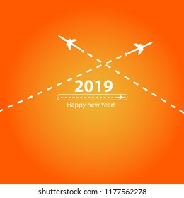 Creative happy new year 2019 design with Progress loading bar with airplane is in a dotted line. The flying apartment is black. The waypoint is for a tourist trip. Track on a orange background. Vector