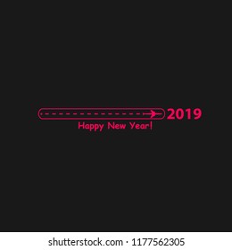 Creative happy new year 2019 design with Progress loading bar with airplane is in a dotted line. The flying apartment is black. The waypoint is for a tourist trip. Track on a black background. Vector