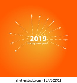 Creative happy new year 2019 design with Progress loading bar with airplane is in a dotted line. The flying apartment is black. The waypoint is for a tourist trip. Track on a orange background. Vector