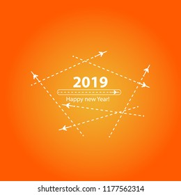 Creative happy new year 2019 design with Progress loading bar with airplane is in a dotted line. The flying apartment is black. The waypoint is for a tourist trip. Track on a orange background. Vector