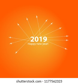 Creative happy new year 2019 design with Progress loading bar with airplane is in a dotted line. The flying apartment is black. The waypoint is for a tourist trip. Track on a orange background. Vector
