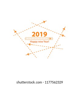 Creative happy new year 2019 design with Progress loading bar with airplane is in a dotted line. The flying apartment is black. The waypoint is for a tourist trip. Track on a white background. Vector