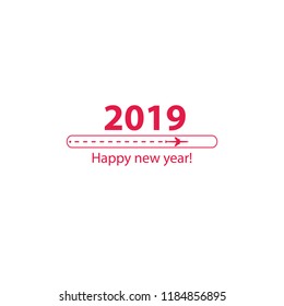 Creative happy new year 2019 design with Progress loading bar with airplane is in a dotted line. The flying apartment is black. The waypoint is for a tourist trip. Track on a white background. Vector