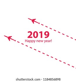 Creative happy new year 2019 design with airplane is in a dotted line. 