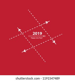 Creative happy new year 2019 design with Progress loading bar with airplane is in a dotted line. The flying apartment is black. The waypoint is for a tourist trip. Track on a pink background. Vector