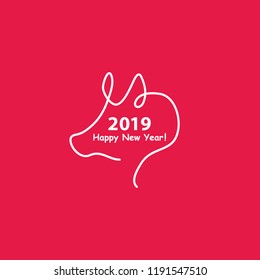 Creative happy new year 2019 design with one line design silhouette of pig. Minimalistic style vector illustration. Flat style