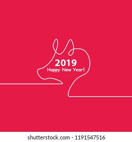 Creative happy new year 2019 design with one line design silhouette of pig. Minimalistic style vector illustration. Flat style