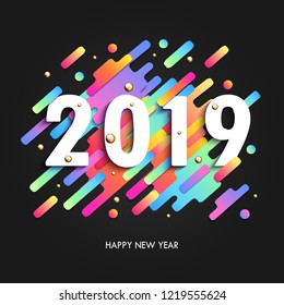 Creative happy new year 2019 card on modern dynamic background. Perfect for presentations, flyers and banners, leaflets, postcards and posters. Vector illustration