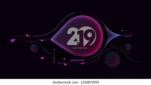 Creative Happy New Year 2019 Text on Abstract modern dynamic background. Perfect for presentations, flyers and banners,