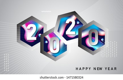 Creative happy new year 2020 lettering colorful style with hexagonal fluid background