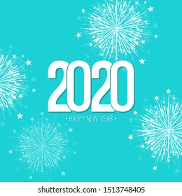 Creative happy new year 2020 with bursts of multicolored fireworks. Vector illustration.