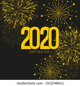 Creative happy new year 2020 with bursts of multicolored fireworks. Vector illustration.