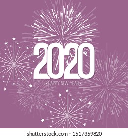 Creative happy new year 2020 with bursts of multicolored fireworks. Vector illustration.
