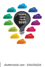 Creative Happy new year 2020 calendar design, use of colorful cloud and bulb