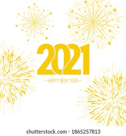 Creativo año nuevo feliz 2021 con ráfagas de fuegos artificiales de oro. Ilustración vectorial.