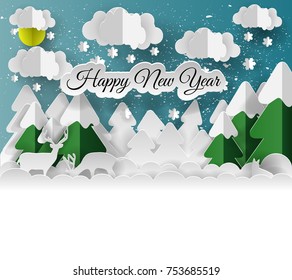 Creative happy new year 2021 design. winter forest. Vector illustration. Paper art.