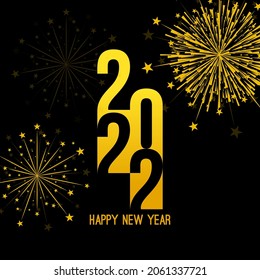 Creative happy new year 2022 with bursts of yellow  fireworks. Vector illustration.