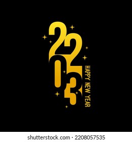 Creative happy new year 2023 with bursts of yellow fireworks. Vector illustration.