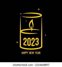 Creativa tarjeta de diseño de feliz año nuevo 2023. Ilustración vectorial con velas y estrellas ardientes.