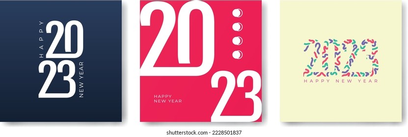 creativo y feliz concepto del logo de año nuevo 2023. diseño para celebración, fondos Minimalis, banner, portada, tarjeta y medios sociales