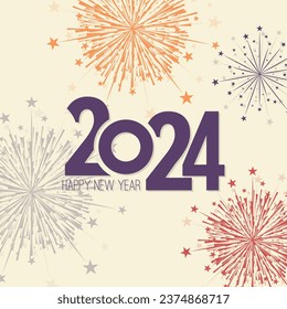 Creative happy new year 2024 with bursts of fireworks. Vector illustration.