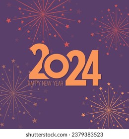 Creativo año nuevo feliz 2024 con ráfagas de fuegos artificiales. Ilustración vectorial.